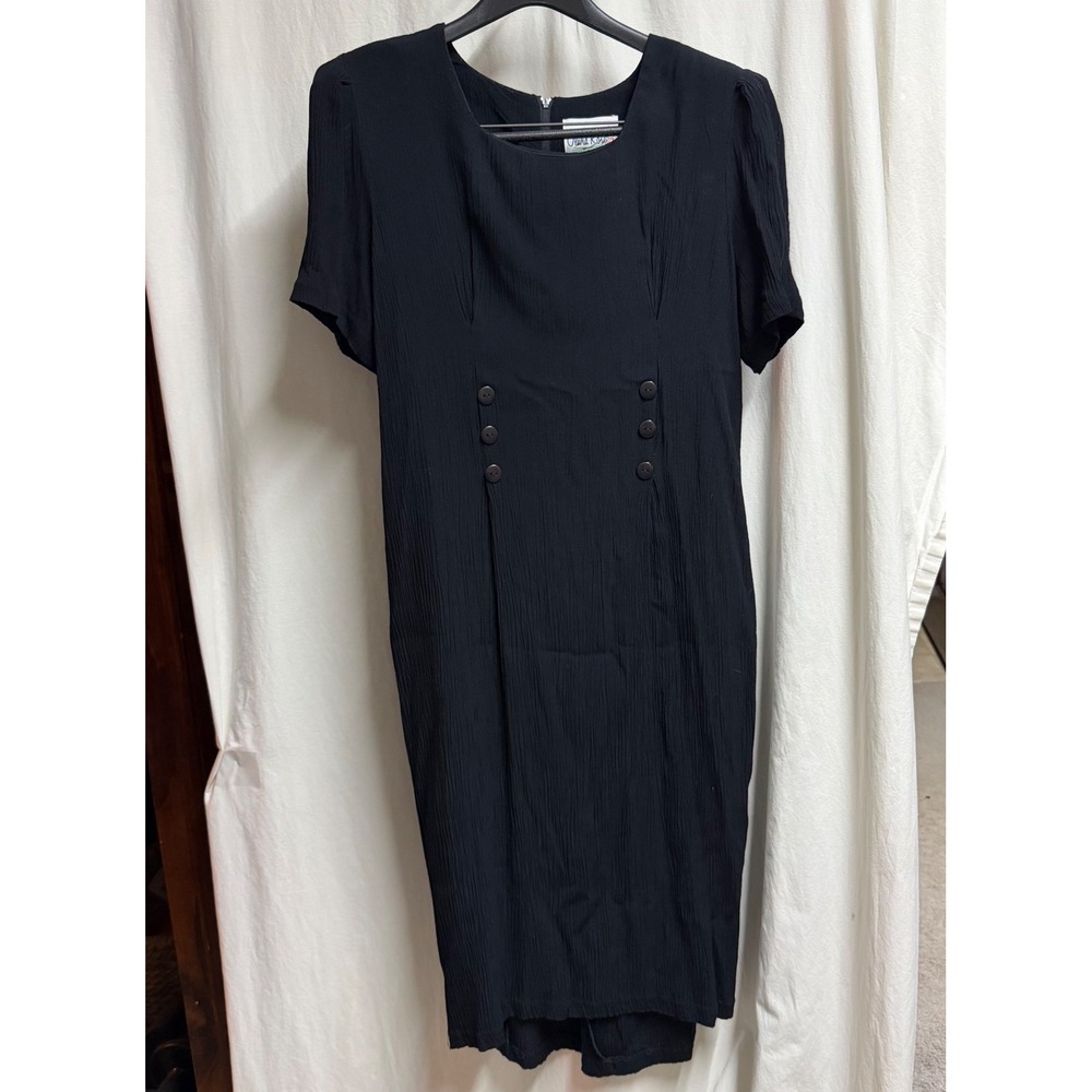 Olivia Rose New York Vintage Black Crinkle Rayon Midi Dress Short Sleeve Size 10